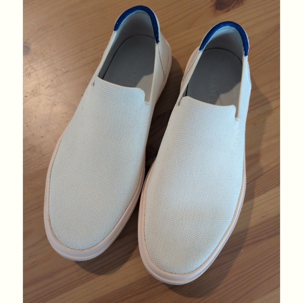 Rothy's Blush Pink Knit Slip On Sneakers Blue Trim Comfort Flats